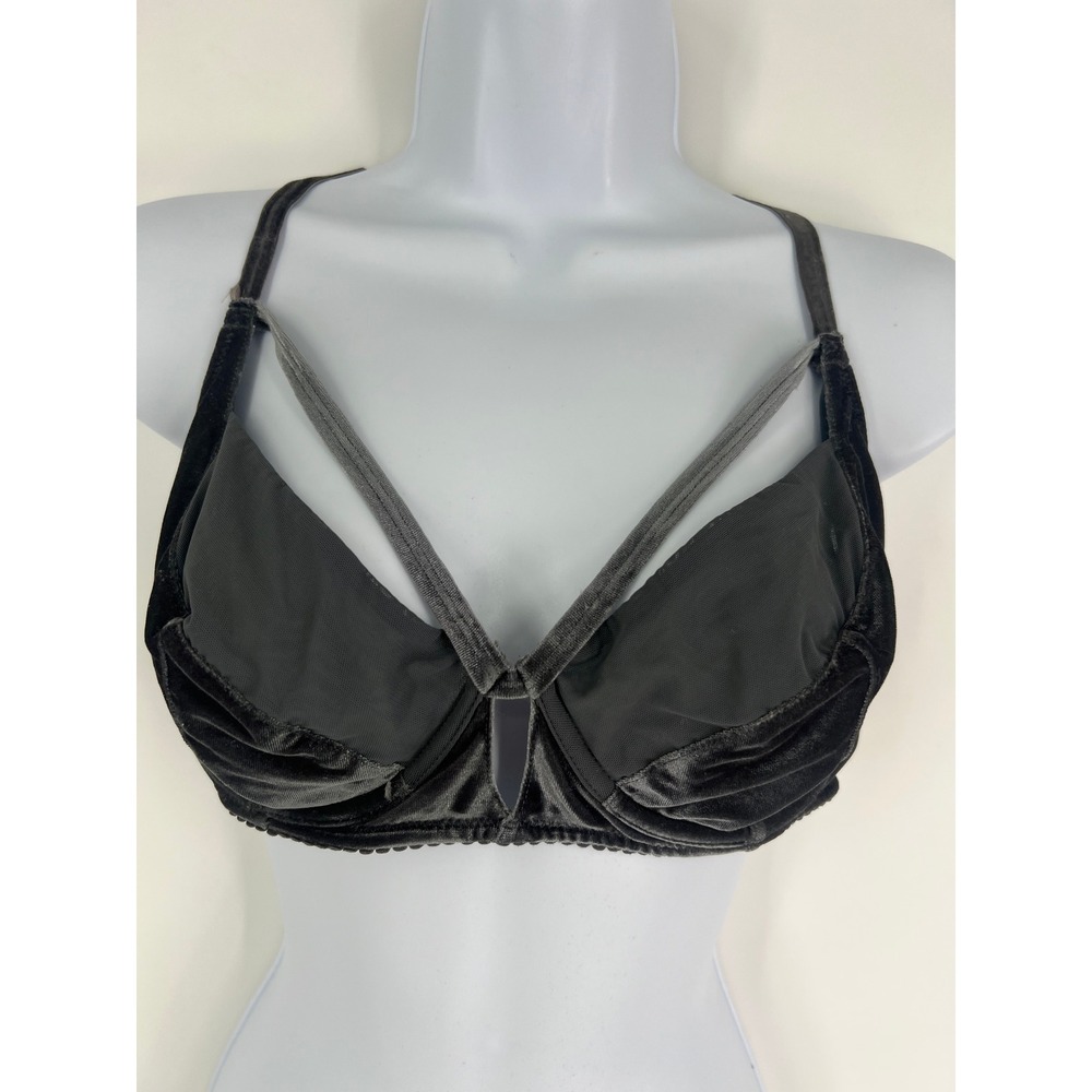 Intimately Free People Size 36DD Velvet Mesh Strappy Underwire Bra Charcoal Gray